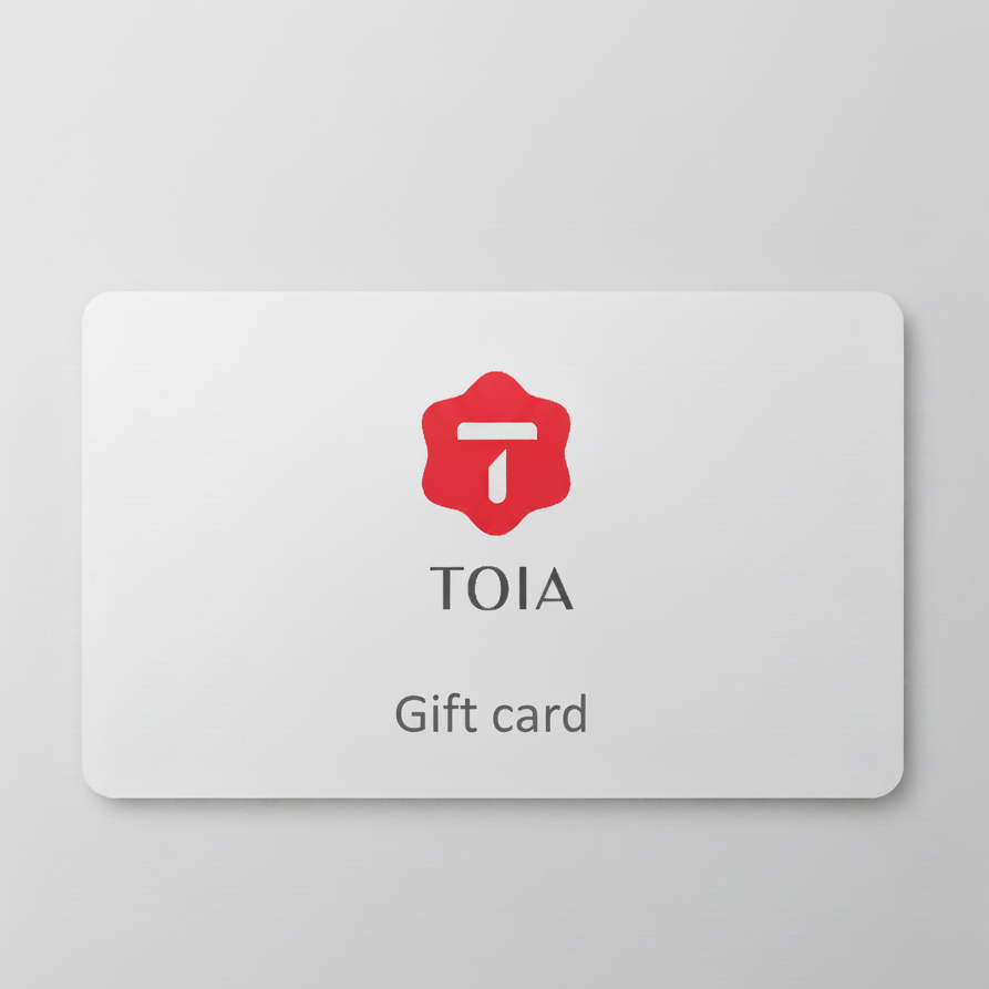 TOIA gift card with a red logo on a gray background