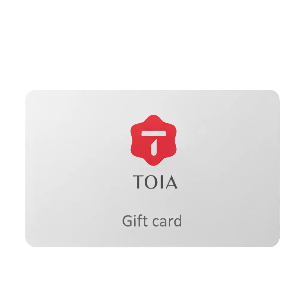 TOIA gift card with a red logo on a gray background