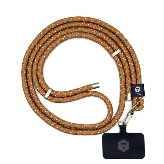 Modern latte striped crossbody phone lanyard with silver matte metal hardware by TOIA.