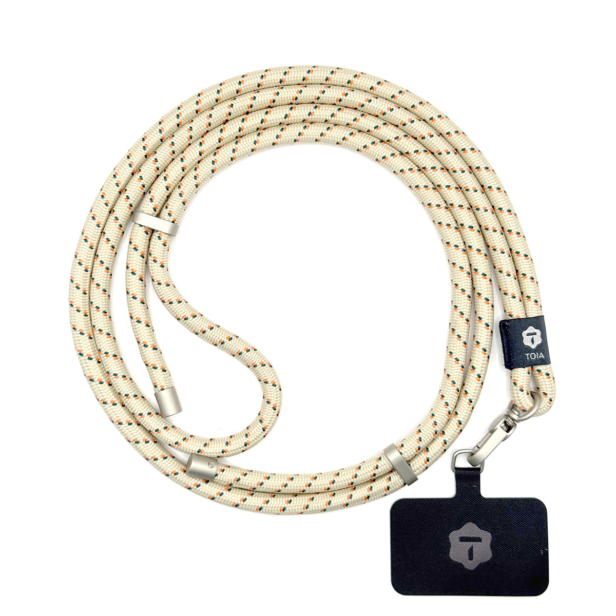 Modern beige striped crossbody phone lanyard with matte silver metal hardware by TOIA.