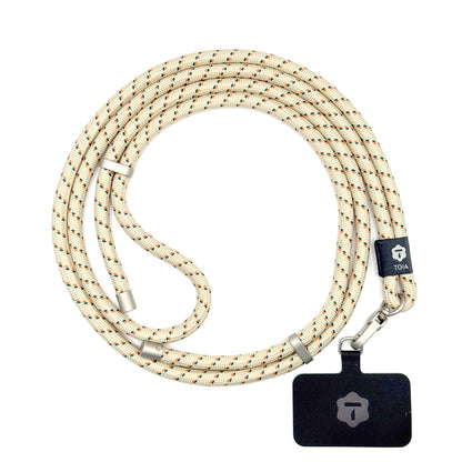 Modern beige striped crossbody phone lanyard with matte silver metal hardware by TOIA.