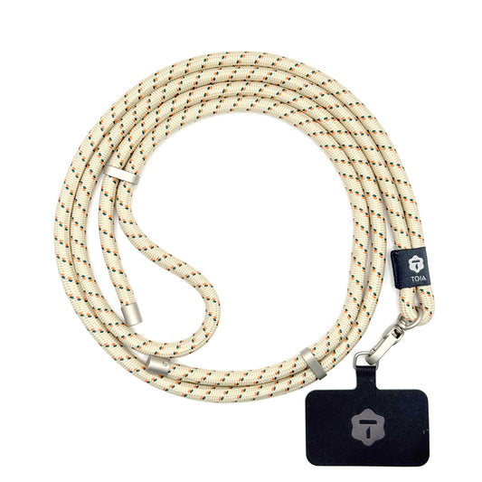 Modern beige striped crossbody phone lanyard with matte silver metal hardware by TOIA.