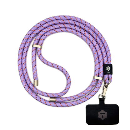 Modern lilac striped crossbody phone lanyard with silver metal hardware by TOIA.