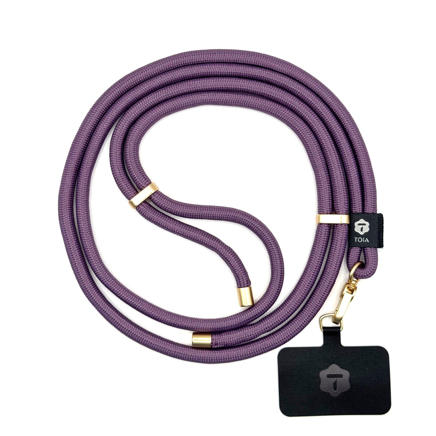 Modern plum crossbody phone lanyard with matte gold metal hardware by TOIA.
