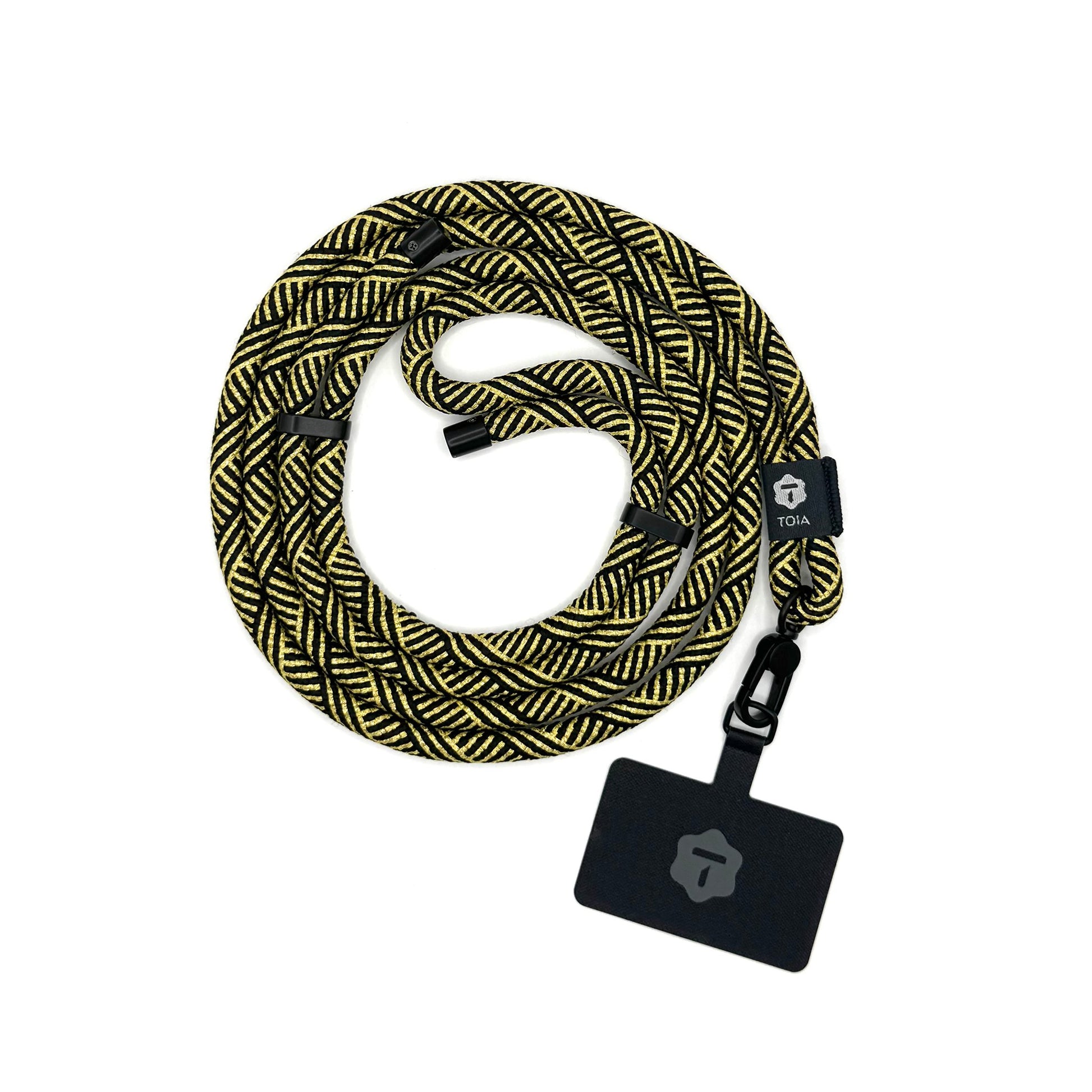 Black and gold braided leash with matte black metal clip.