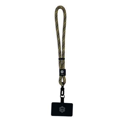 Modern gold and black herringbone phone wrist strap lanyard with black matte hardware and clasp by TOIA.
