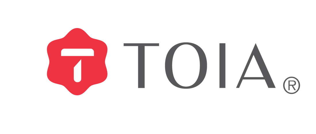 TOIA logo with a red and gray design on a white background