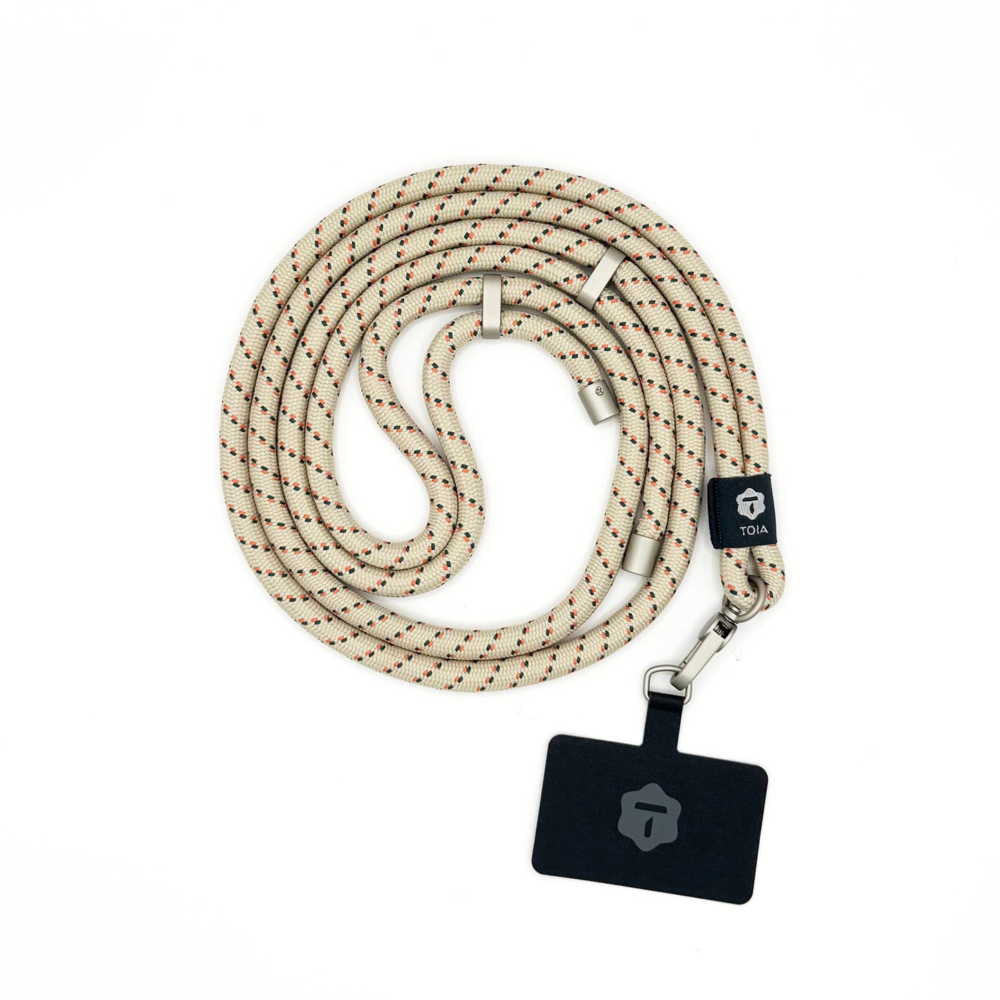Beige rope phone lanyard with a black metal clip on a white background