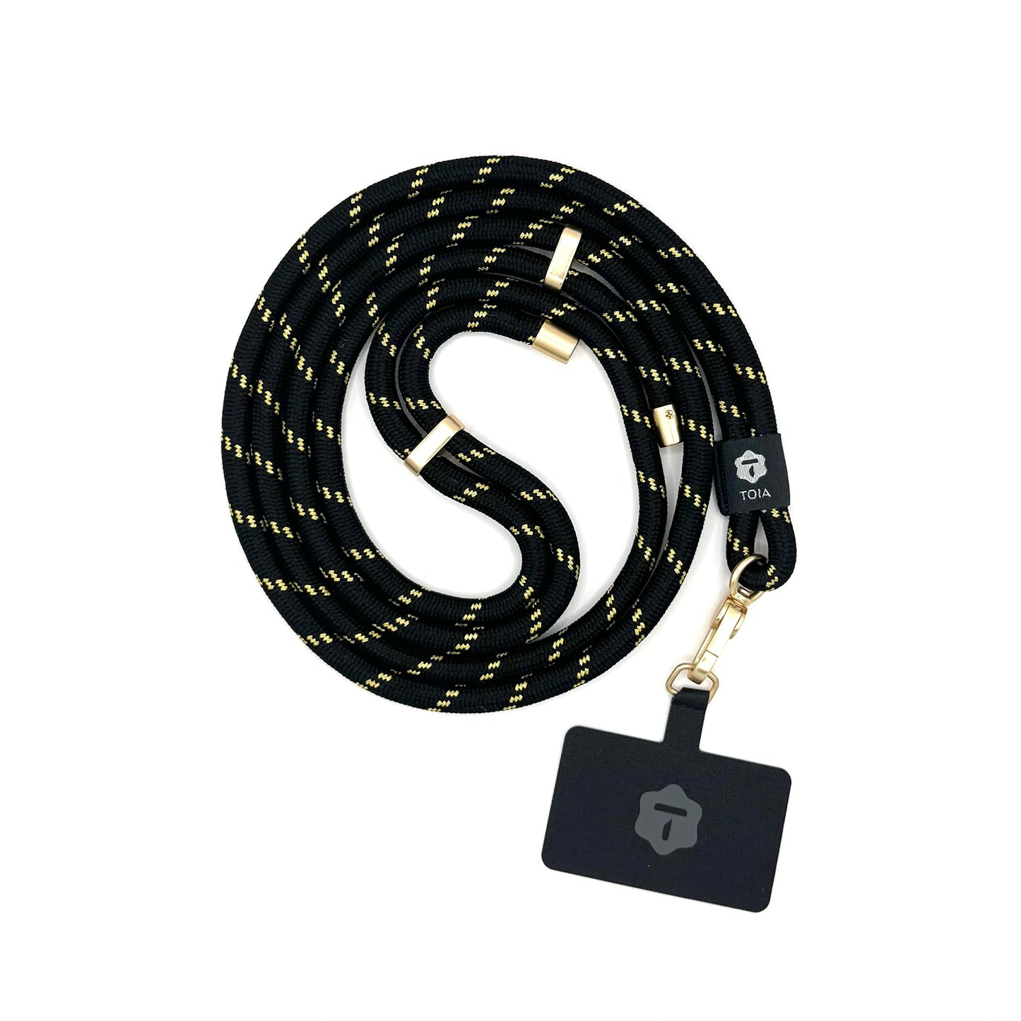Black lanyard with gold accents and a black tether tab holder. 