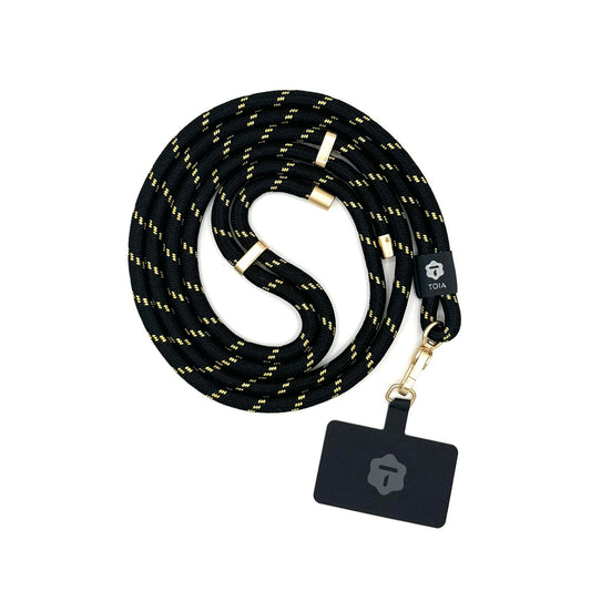 Black lanyard with gold accents and a black tether tab holder. 