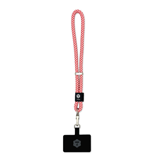 Red-and-grey diamond weave wrist phone strap by TOIA with silver hardware