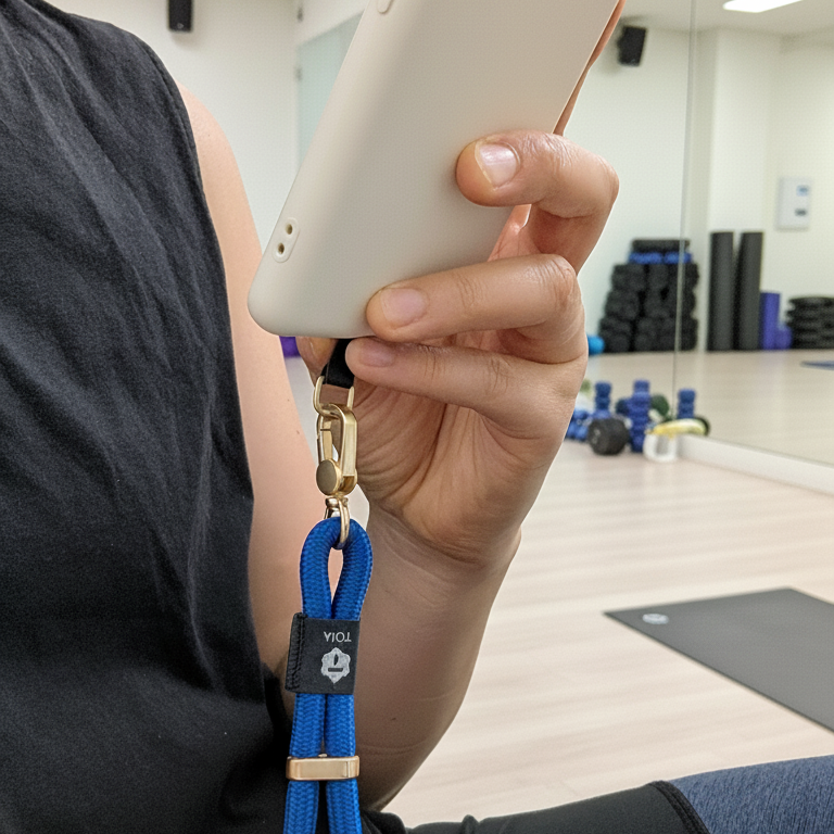 Person holding a phone with a vibrant blue wrist strap by TOIA in a gym.