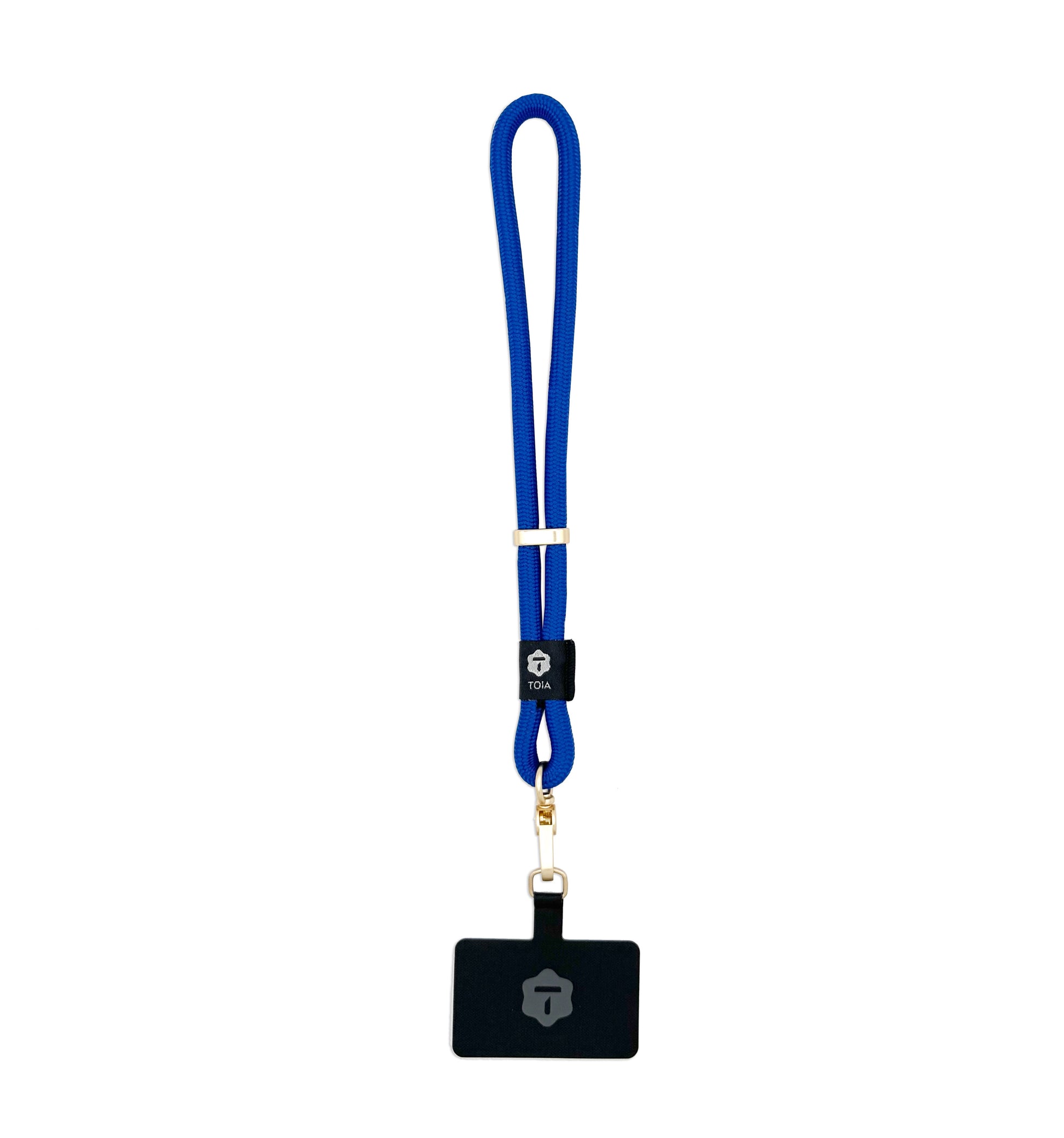 Bright electric blue rope wrist phone strap by TOIA with gold clasp and minimalist design