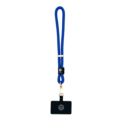 Modern bright electric blue rope wrist phone strap with gold clasp by TOIA. 