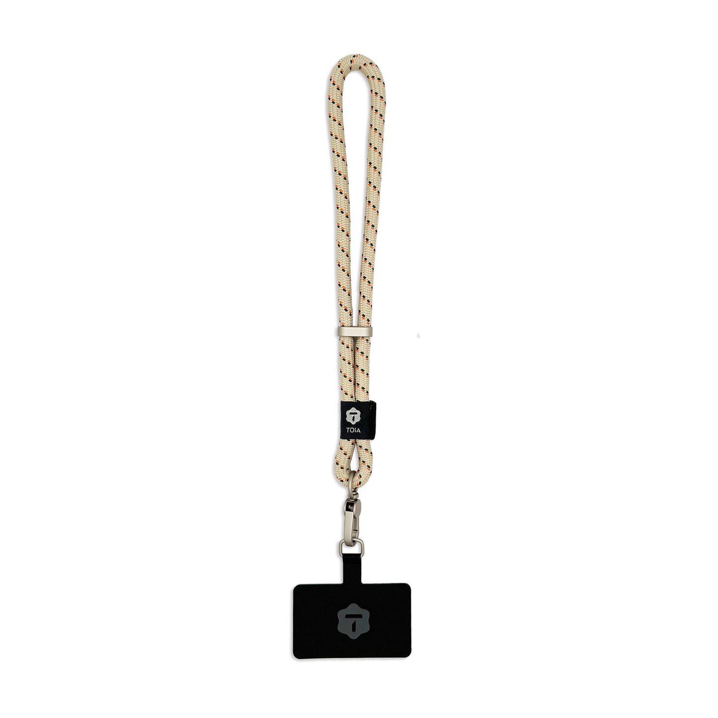 Beige rope wrist phone strap by TOIA with subtle dotted pattern and silver clasp