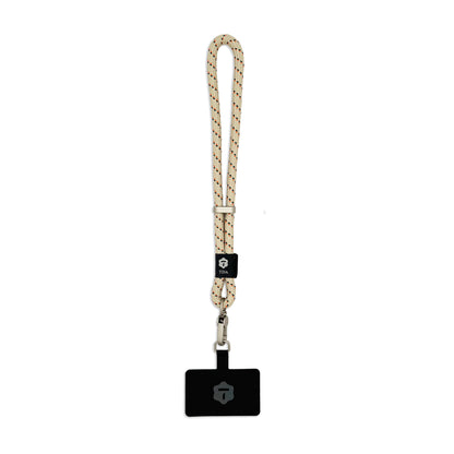 Modern nautical beige rope wrist phone strap with silver matte hardware by TOIA. 