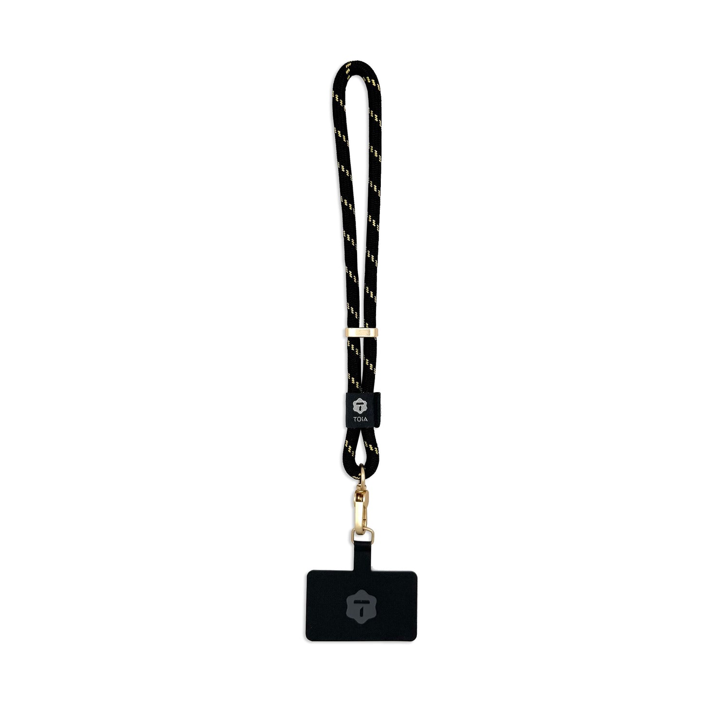 Black rope wrist phone strap with diagonal gold stripes and gold clasp by TOIA